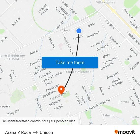 Arana Y Roca to Unicen map