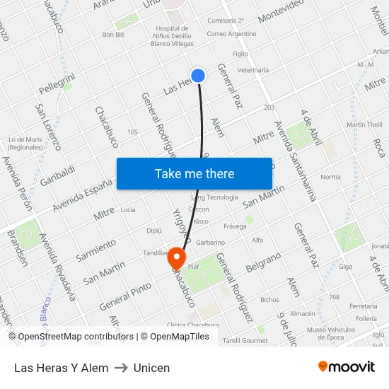 Las Heras Y  Alem to Unicen map
