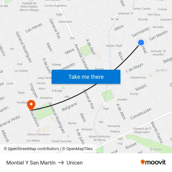 Montiel Y San Martín to Unicen map
