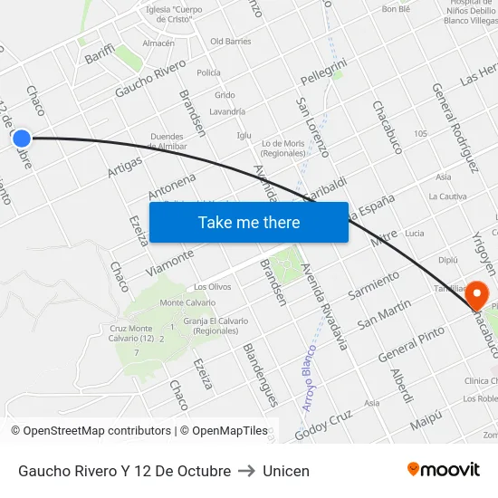 Gaucho Rivero Y 12 De Octubre to Unicen map