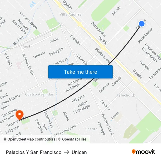 Palacios Y San Francisco to Unicen map