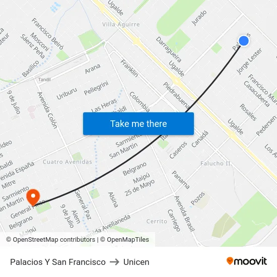 Palacios Y San Francisco to Unicen map