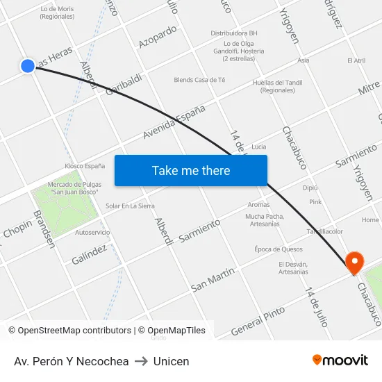 Av. Perón Y Necochea to Unicen map