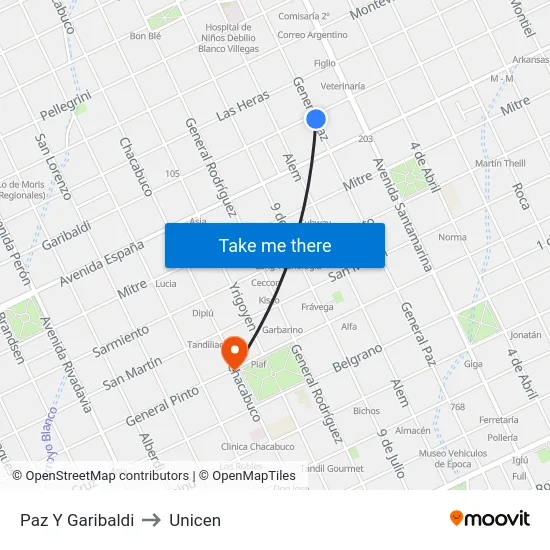 Paz Y Garibaldi to Unicen map