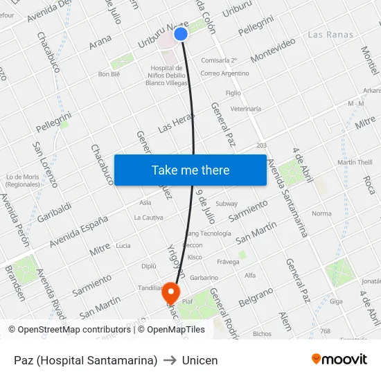 Paz (Hospital Santamarina) to Unicen map