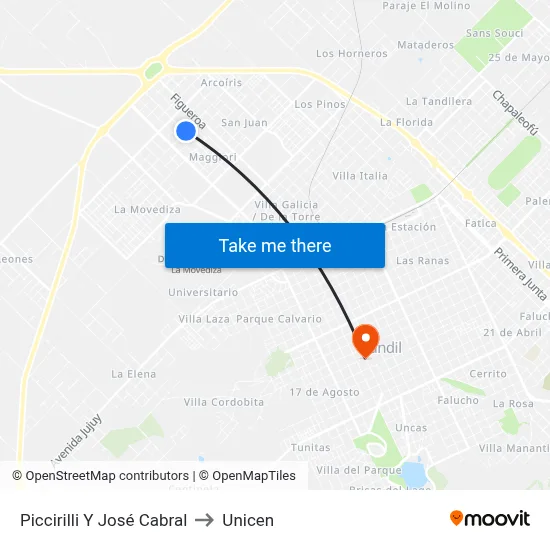 Piccirilli Y José Cabral to Unicen map