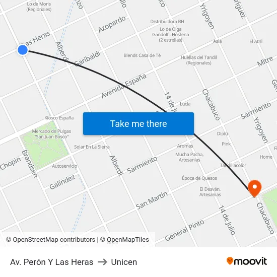 Av. Perón Y Las Heras to Unicen map