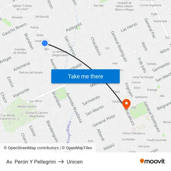 Av. Perón Y Pellegrini to Unicen map