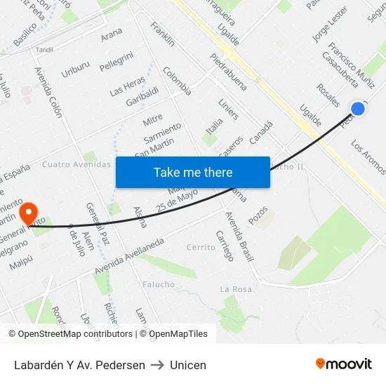 Labardén Y Av. Pedersen to Unicen map