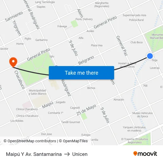 Maipú Y Av. Santamarina to Unicen map