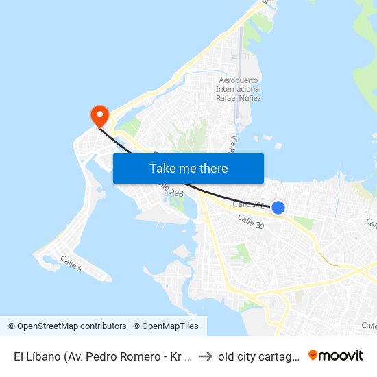 El Líbano (Av. Pedro Romero - Kr 49b) to old city cartagena map