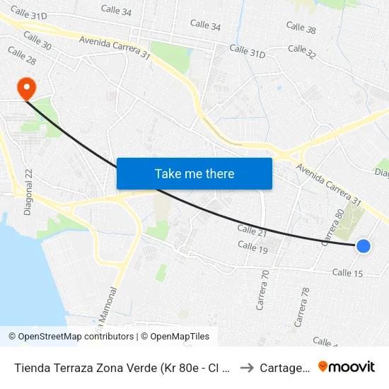 Tienda Terraza Zona Verde (Kr 80e - Cl 22b) to Cartagena map