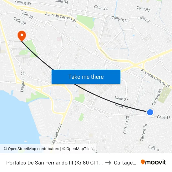 Portales De San Fernando III (Kr 80  Cl 13) to Cartagena map