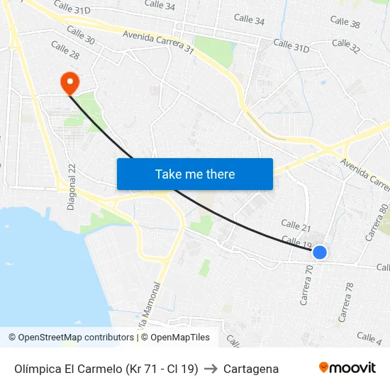 Olímpica El Carmelo (Kr 71 - Cl 19) to Cartagena map