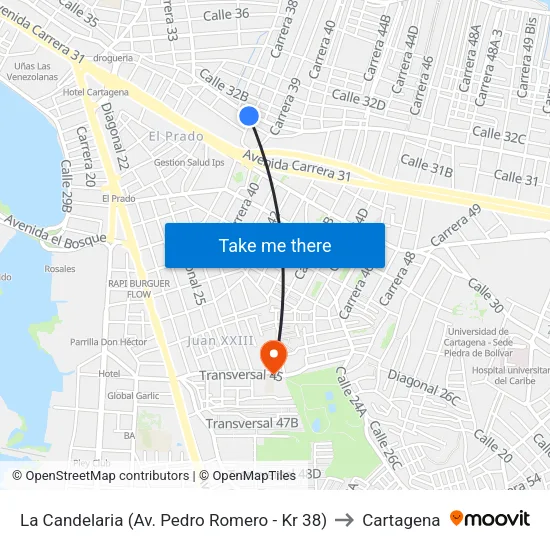 La Candelaria (Av. Pedro Romero - Kr 38) to Cartagena map