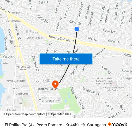 El Pollito Pío (Av. Pedro Romero - Kr 44b) to Cartagena map