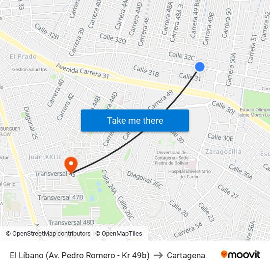 El Líbano (Av. Pedro Romero - Kr 49b) to Cartagena map