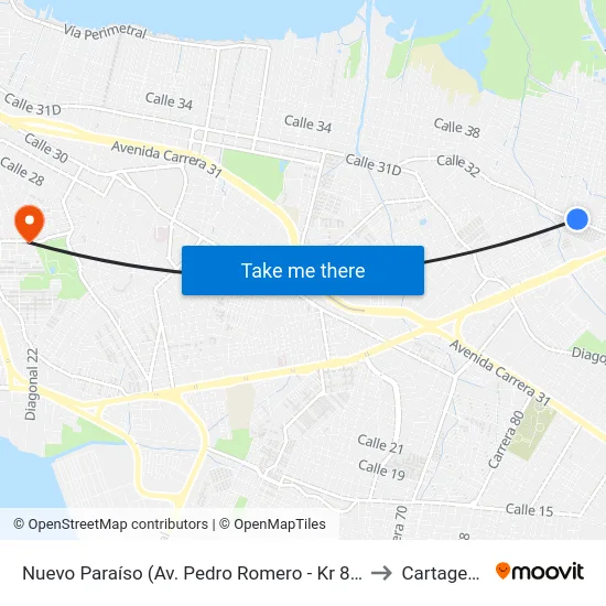 Nuevo Paraíso (Av. Pedro Romero - Kr 82) to Cartagena map