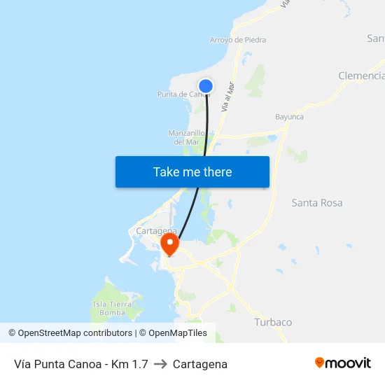 Vía Punta Canoa - Km 1.7 to Cartagena map