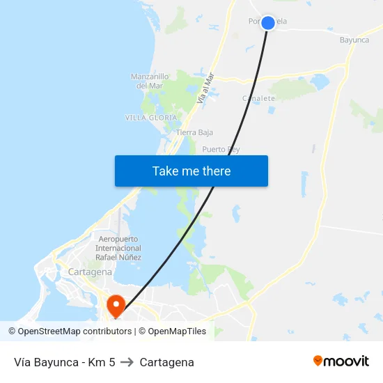 Vía Bayunca - Km 5 to Cartagena map