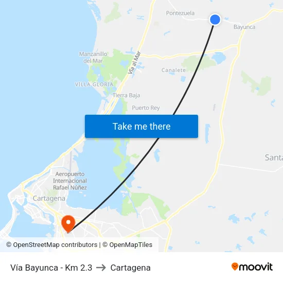 Vía Bayunca - Km 2.3 to Cartagena map