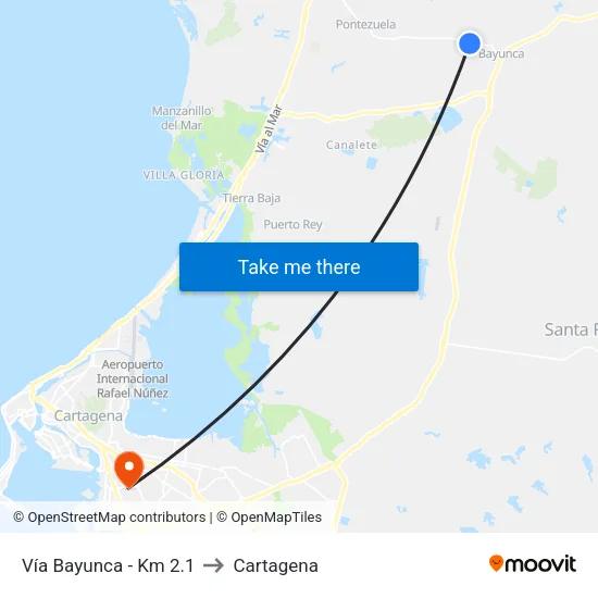 Vía Bayunca - Km 2.1 to Cartagena map