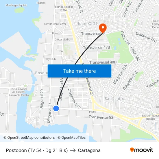 Postobón (Tv 54 - Dg 21 Bis) to Cartagena map