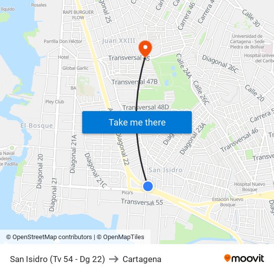 San Isidro (Tv 54 - Dg 22) to Cartagena map