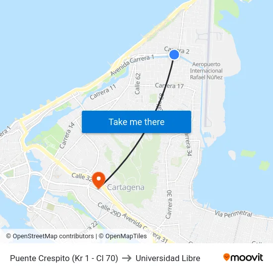 Puente Crespito (Kr 1 - Cl 70) to Universidad Libre map