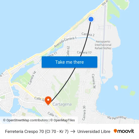 Ferretería Crespo 70 (Cl 70 - Kr 7) to Universidad Libre map