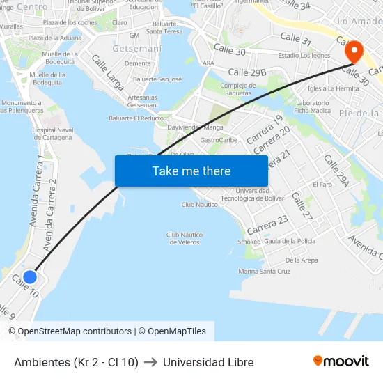 Ambientes (Kr 2 - Cl 10) to Universidad Libre map