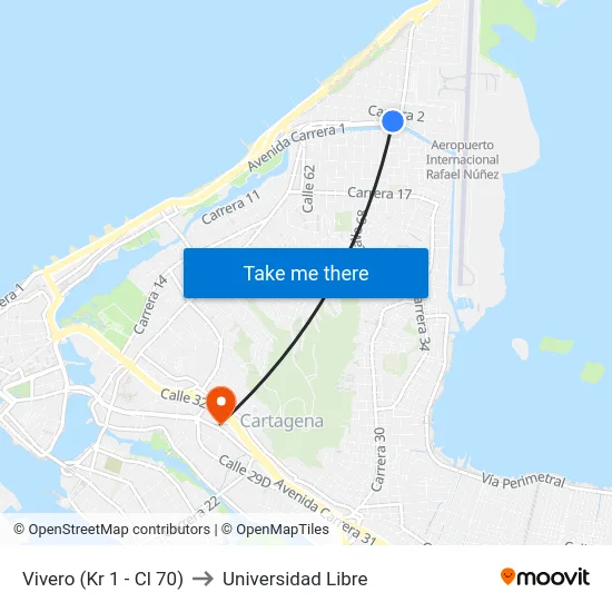 Vivero (Kr 1 - Cl 70) to Universidad Libre map