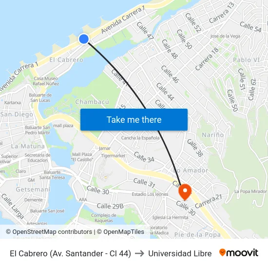 El Cabrero (Av. Santander - Cl 44) to Universidad Libre map