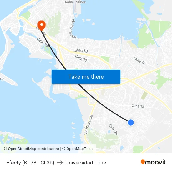 Efecty (Kr 78 - Cl 3b) to Universidad Libre map