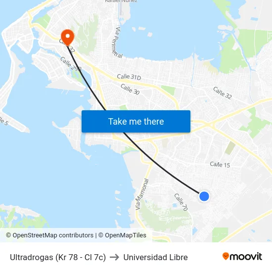 Ultradrogas (Kr 78 - Cl 7c) to Universidad Libre map