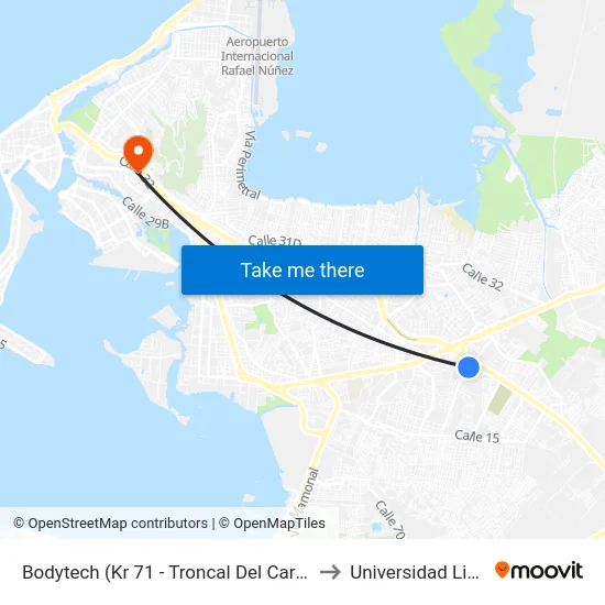 Bodytech (Kr 71 - Troncal Del Caribe) to Universidad Libre map