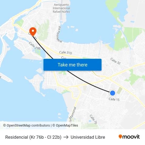 Residencial (Kr 76b - Cl 22b) to Universidad Libre map