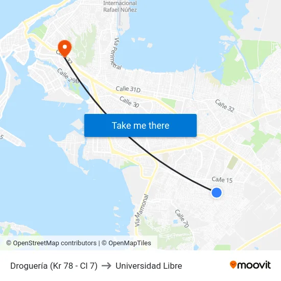 Droguería (Kr 78 - Cl 7) to Universidad Libre map