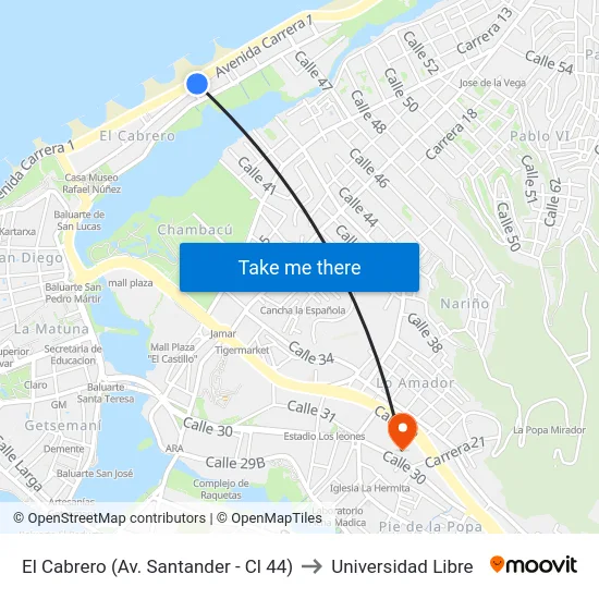 El Cabrero (Av. Santander - Cl 44) to Universidad Libre map