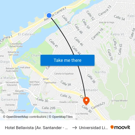 Hotel Bellavista (Av. Santander - Cl 46) to Universidad Libre map