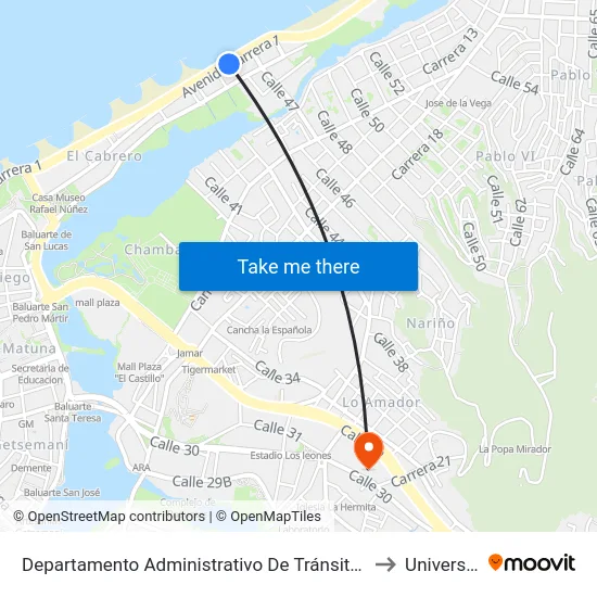 Departamento Administrativo De Tránsito Y Transportes (Av. Santander - Cl 46a) to Universidad Libre map