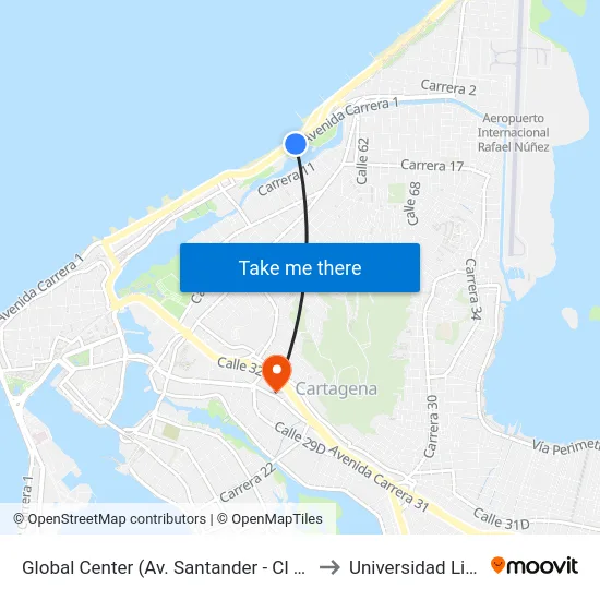 Global Center (Av. Santander - Cl 54a) to Universidad Libre map