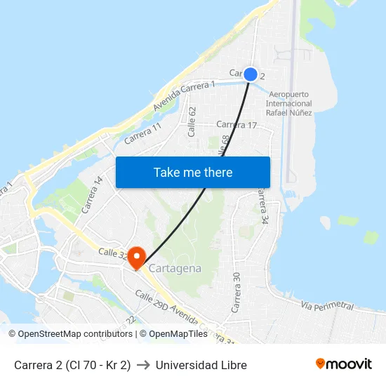 Carrera 2 (Cl 70 - Kr 2) to Universidad Libre map