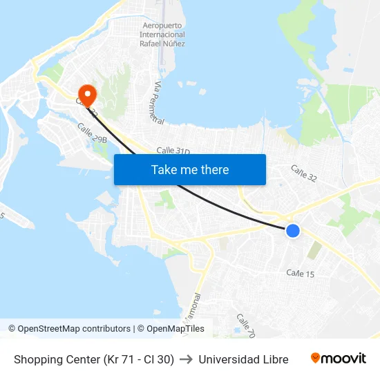 Shopping Center (Kr 71 - Cl 30) to Universidad Libre map