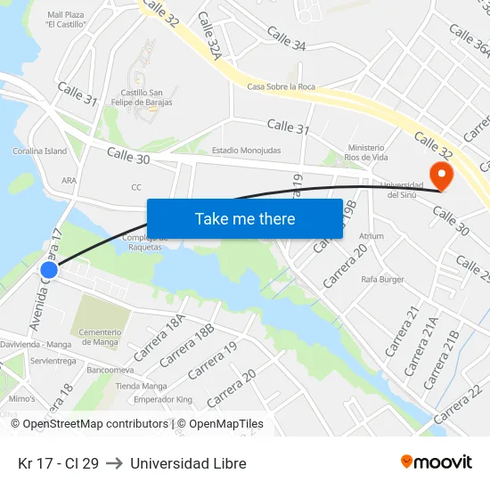 Kr 17 - Cl 29 to Universidad Libre map