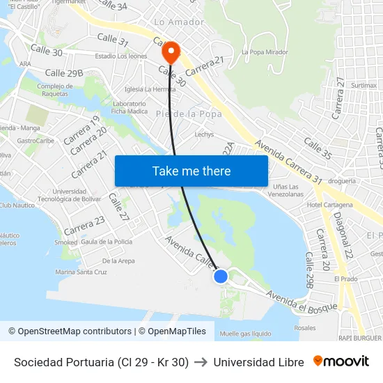 Sociedad Portuaria (Cl 29 - Kr 30) to Universidad Libre map