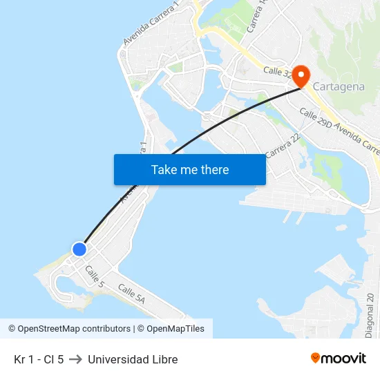 Kr 1 - Cl 5 to Universidad Libre map