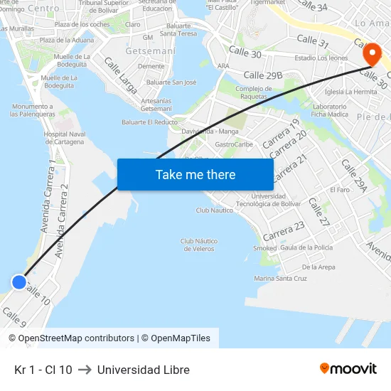 Kr 1 - Cl 10 to Universidad Libre map