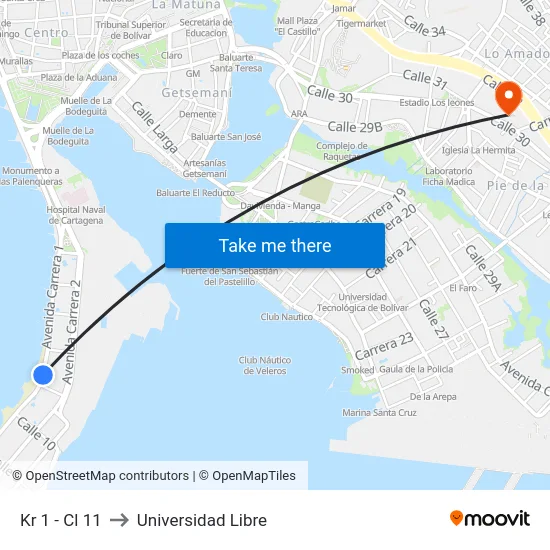 Kr 1 - Cl 11 to Universidad Libre map
