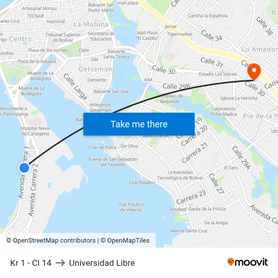 Kr 1 - Cl 14 to Universidad Libre map
